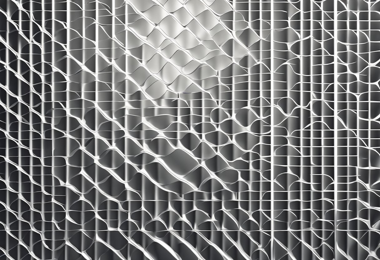 An aluminum grid panel hangs on a white wall, reflecting light and casting shadows