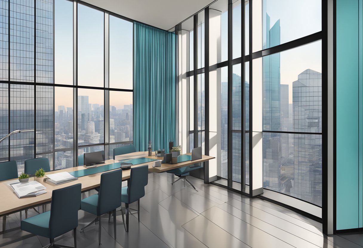 A sleek aluminum panel curtain wall reflects the surrounding cityscape, with clean lines and modern design