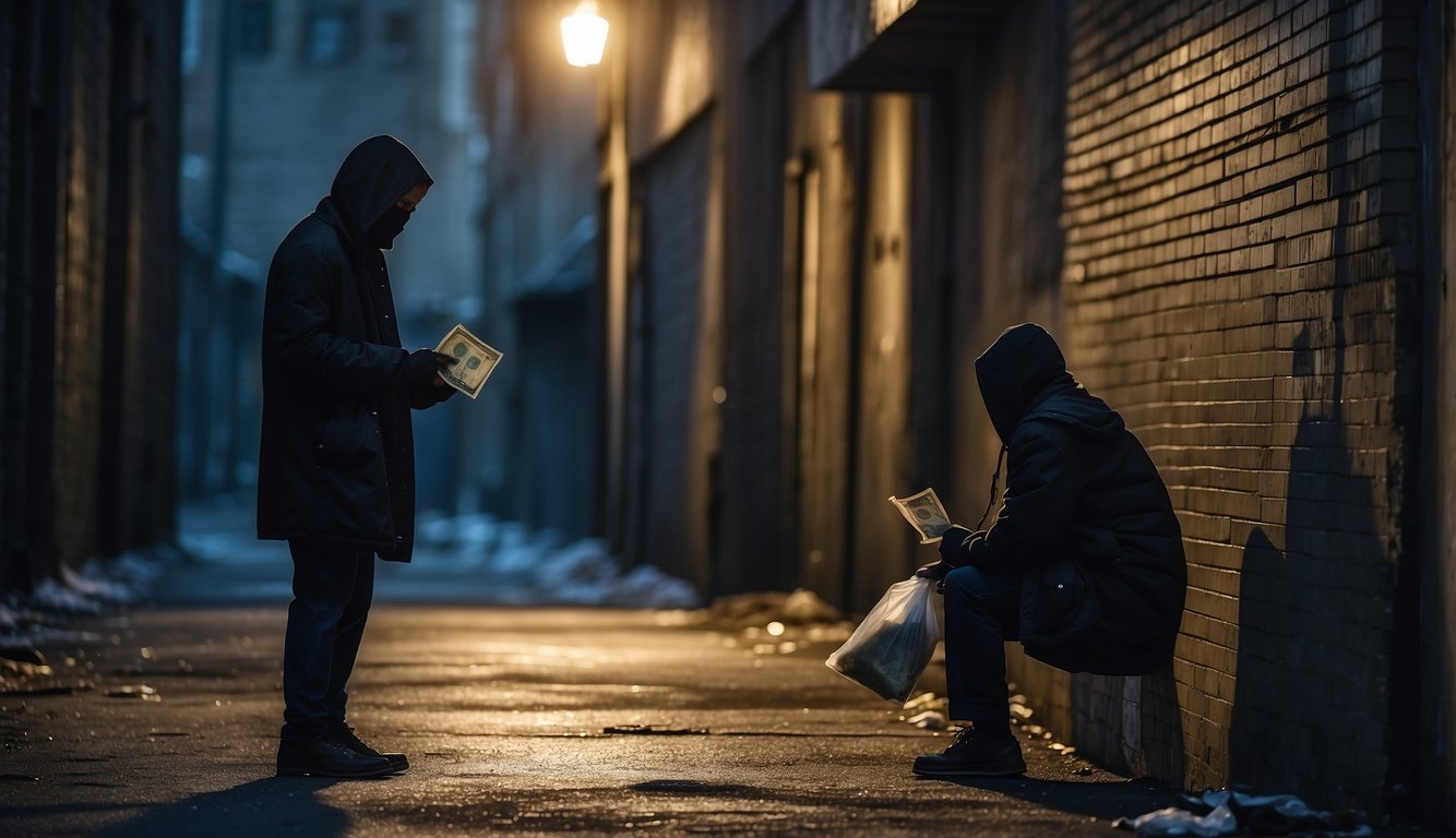 A dark alleyway with a shadowy figure exchanging cash with a desperate-looking individual. Graffiti-covered walls and a sense of fear and desperation in the air