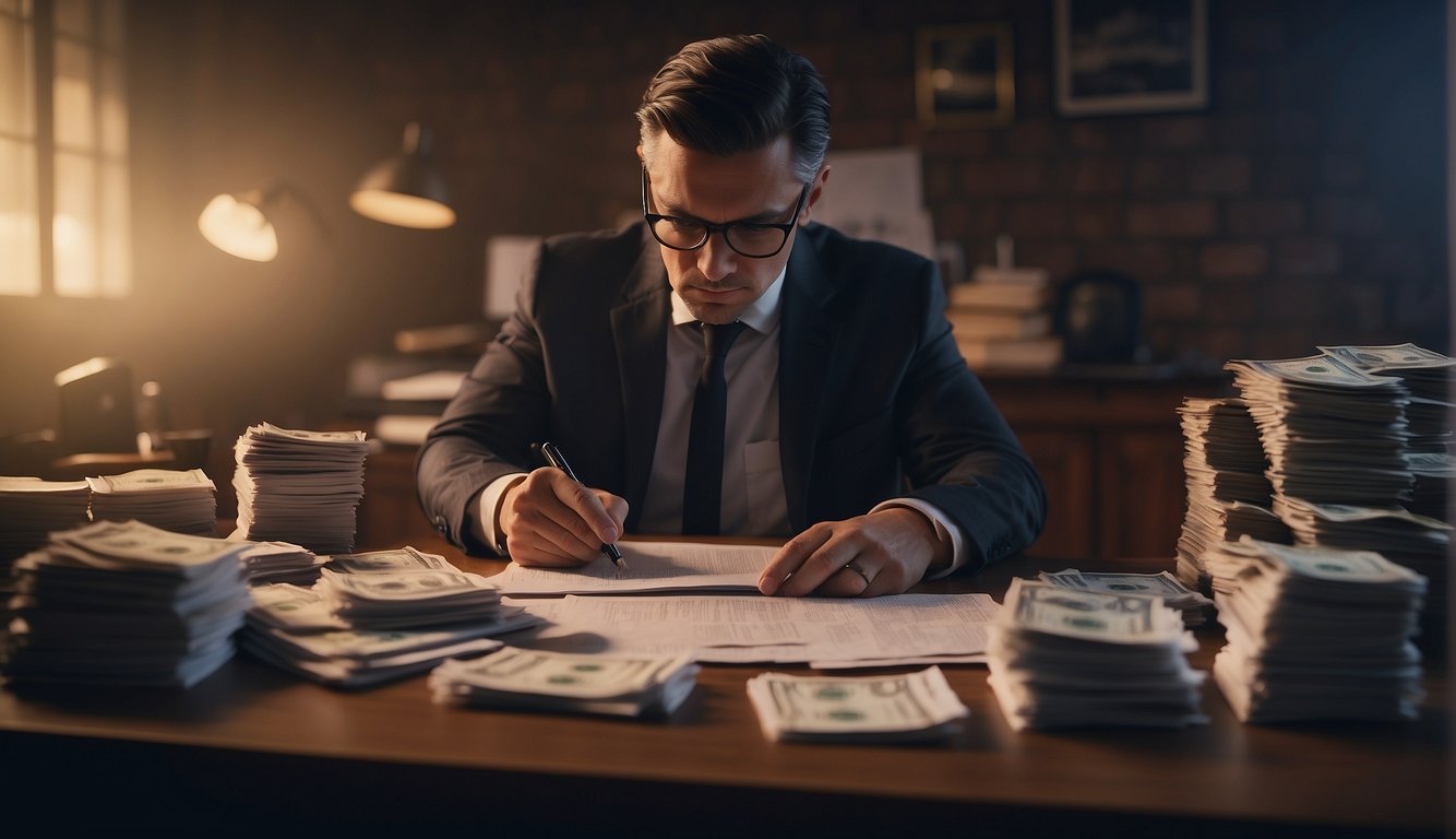 A person signing a loan contract with a shady figure, surrounded by ominous signs of illegal lending - stacks of cash, hidden fees, and threatening messages