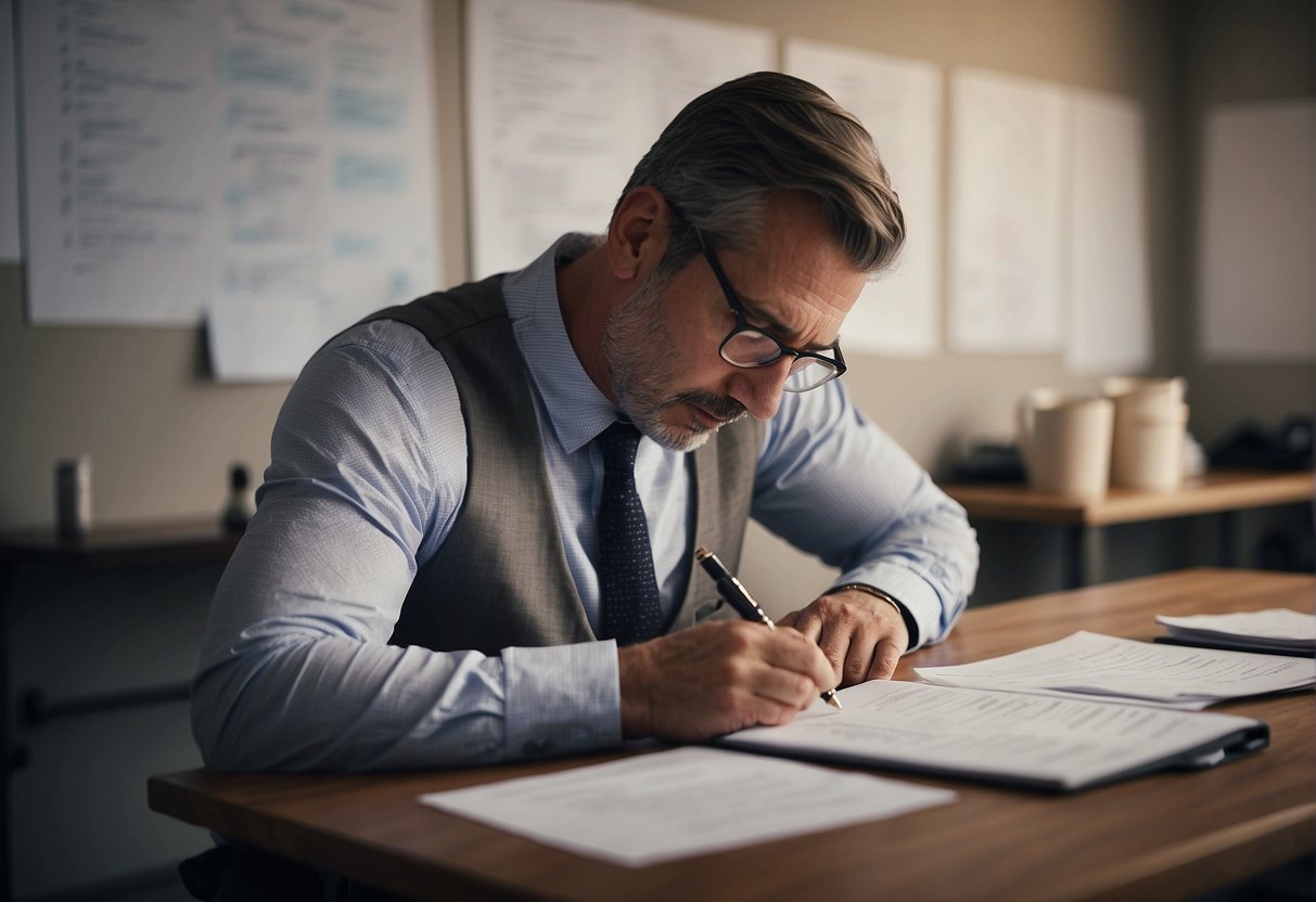 A person sits at a desk with a pen and paper, pondering. A flowchart on the wall shows the six steps of the problem-solving process