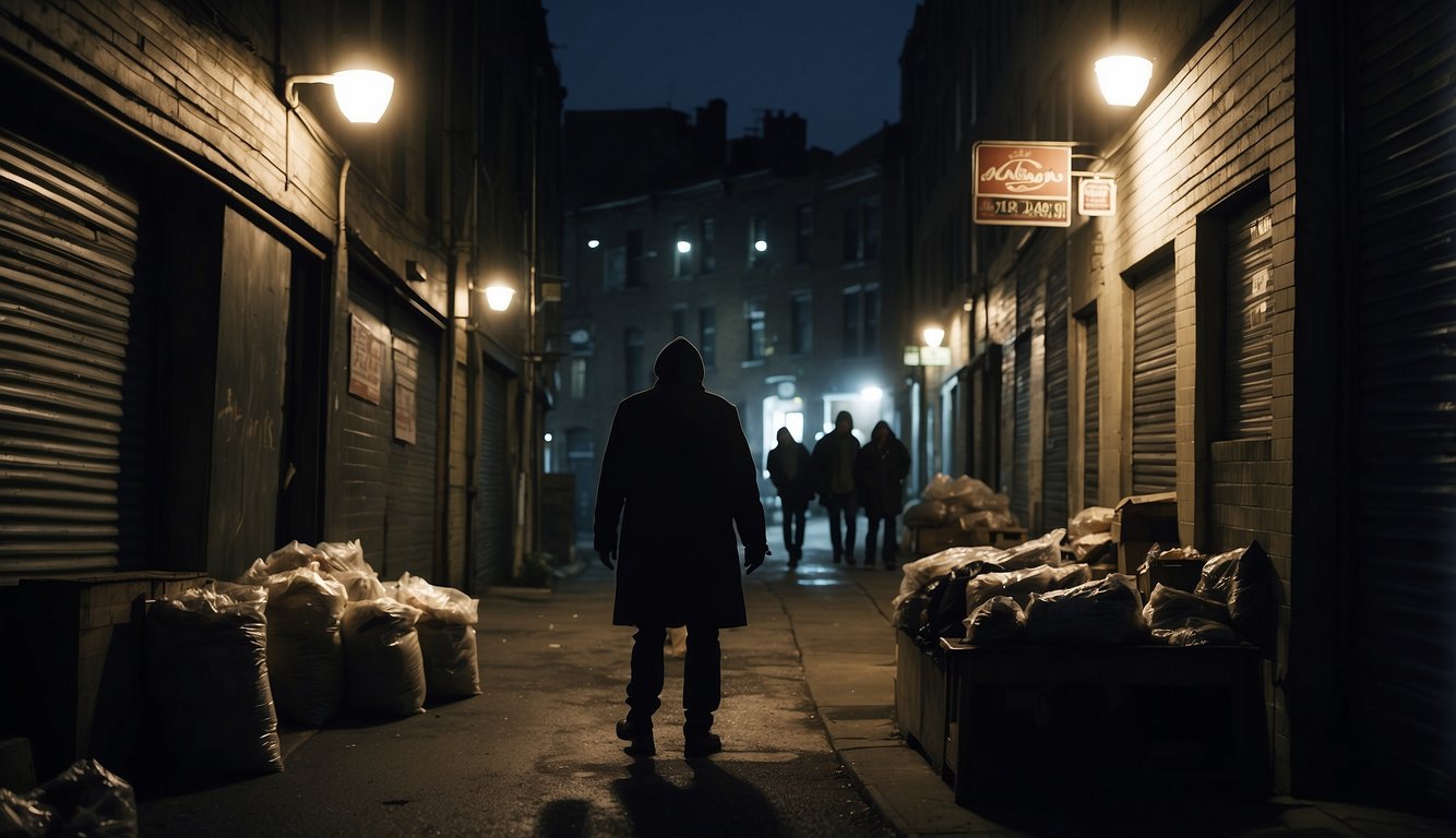 A dimly lit alleyway with a shadowy figure exchanging cash with a nervous borrower. The surroundings are gritty and urban, with signs of poverty and desperation