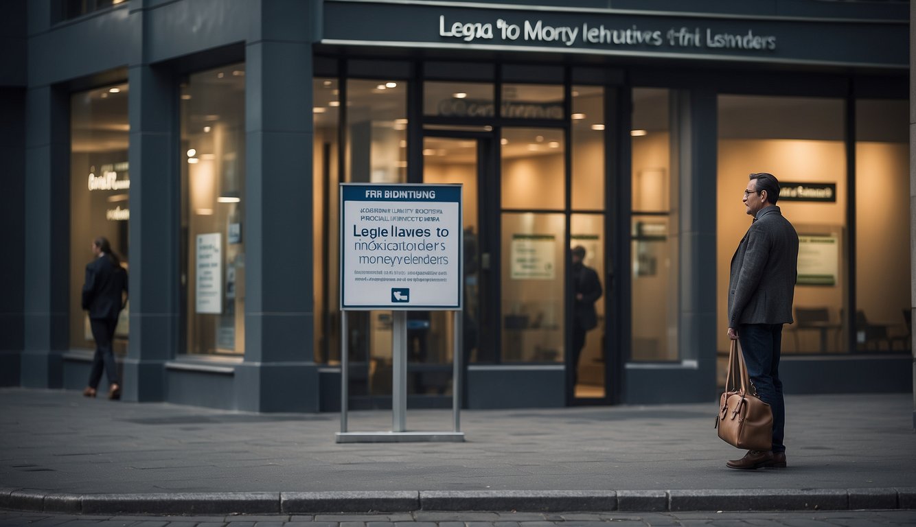 A person standing outside a bank or financial institution, with a sign displaying "Legal Alternatives to Unlicensed Moneylenders" prominently displayed