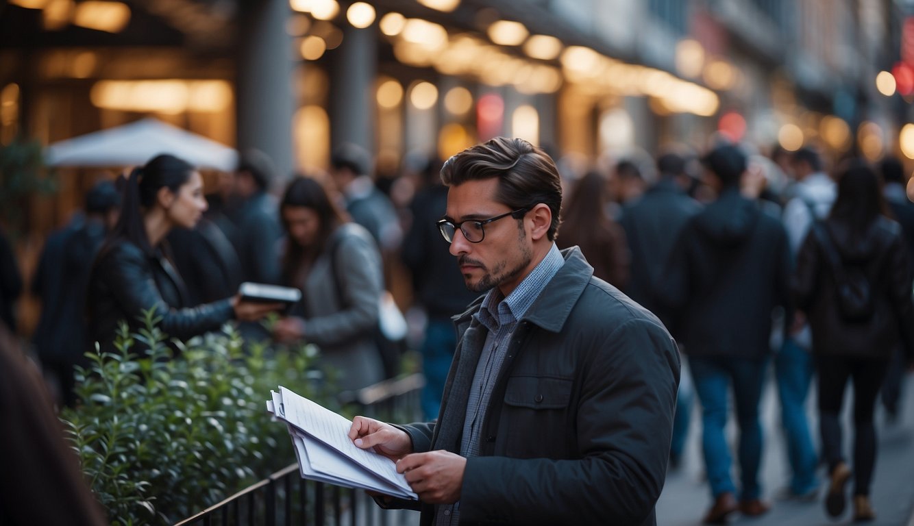 A person discreetly observes and takes notes on suspicious financial activities in a crowded urban setting