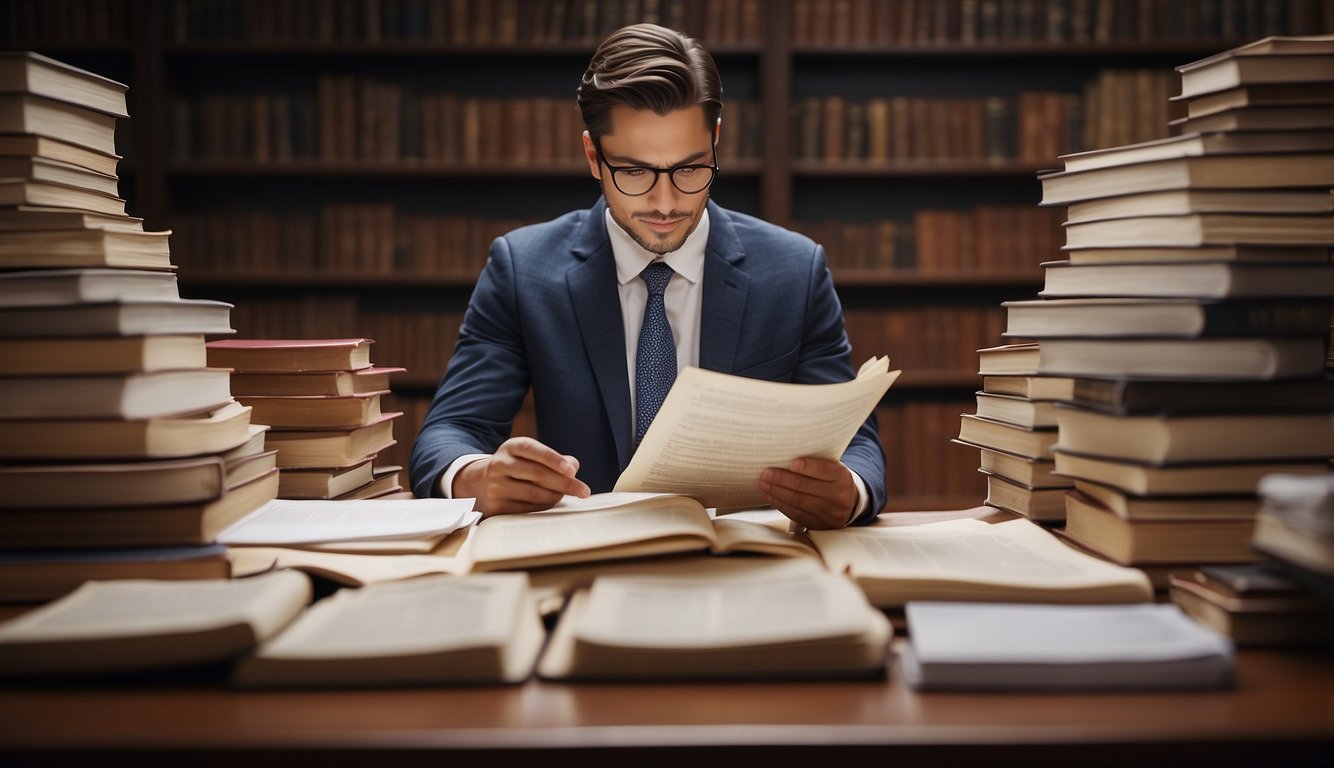 A person reading a legal document with a confident expression, surrounded by books and legal papers