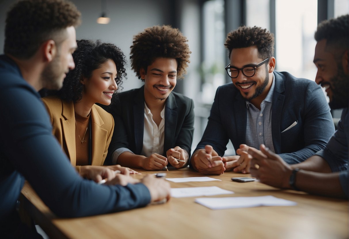 A group of diverse individuals collaborate, exchanging ideas and solving problems together in a dynamic workshop setting