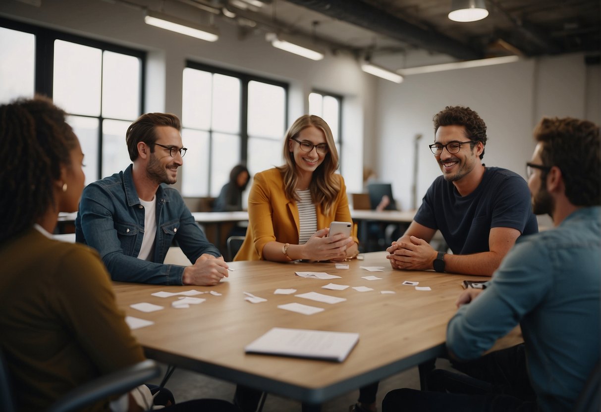 A group of people engaged in collaborative problem-solving, exchanging ideas and solutions in a workshop setting, with a supportive and encouraging atmosphere