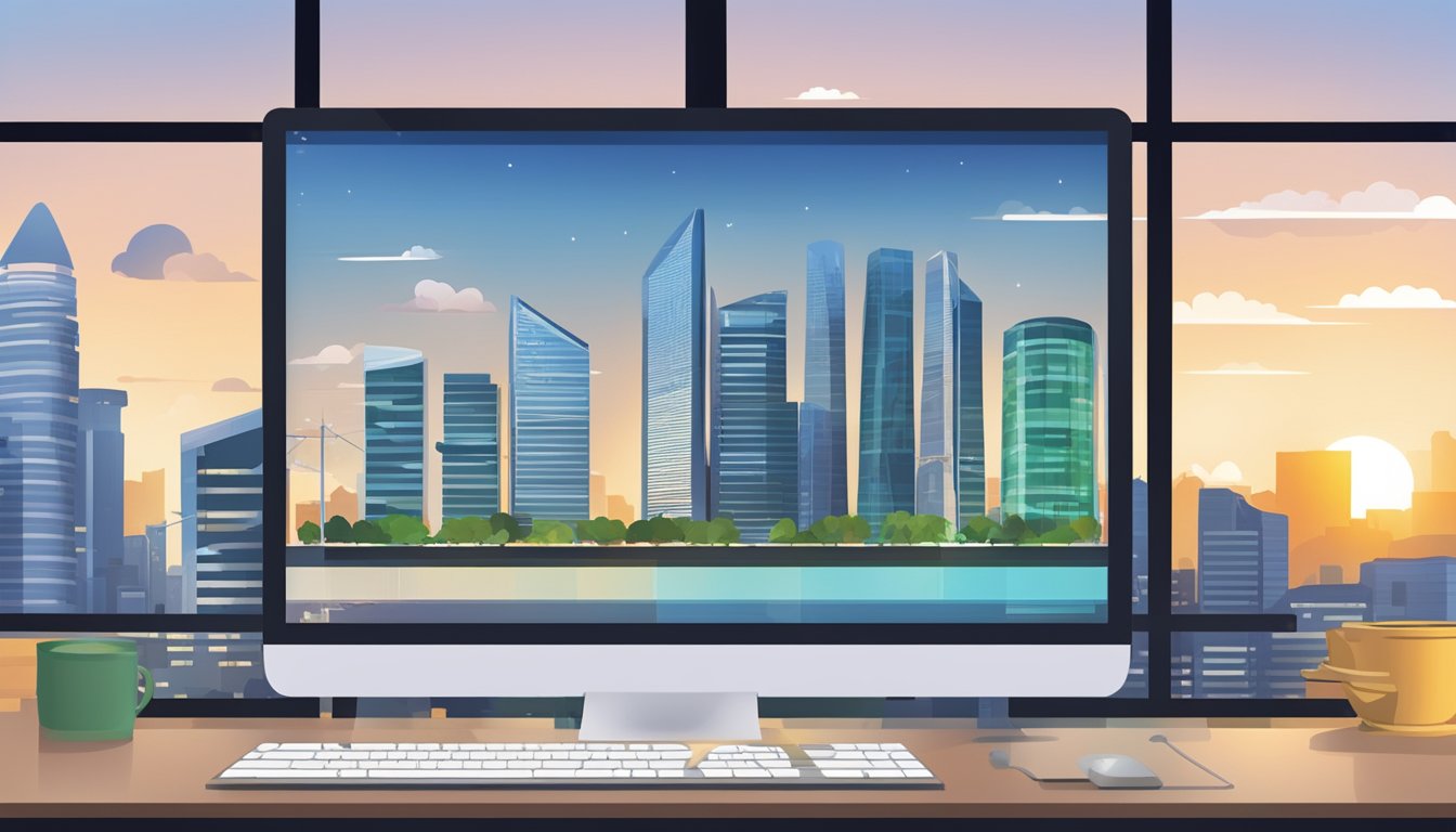 A computer screen showing a CDP account opening page with investment portfolio options. Singapore skyline in the background