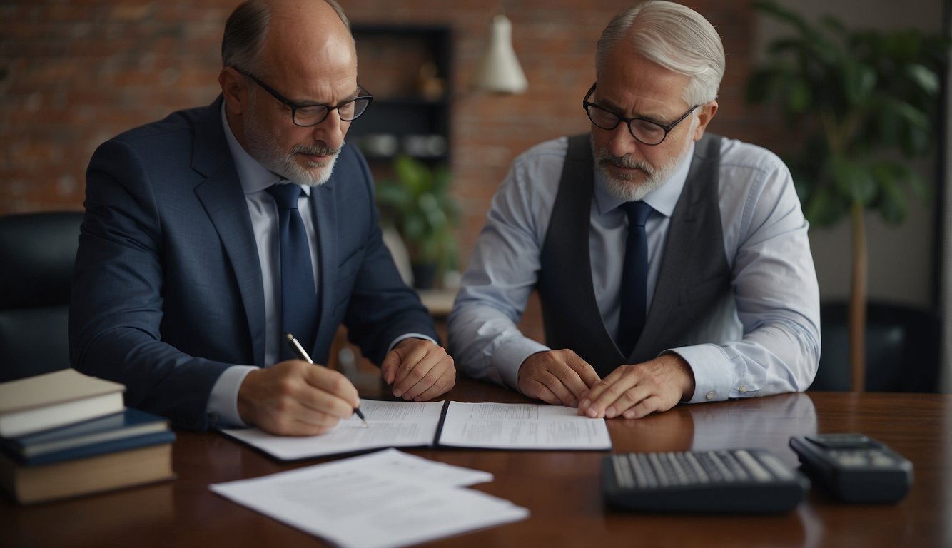A borrower signs a contract while a money lender explains terms. Both parties are engaged in a discussion, with a sense of mutual understanding and respect