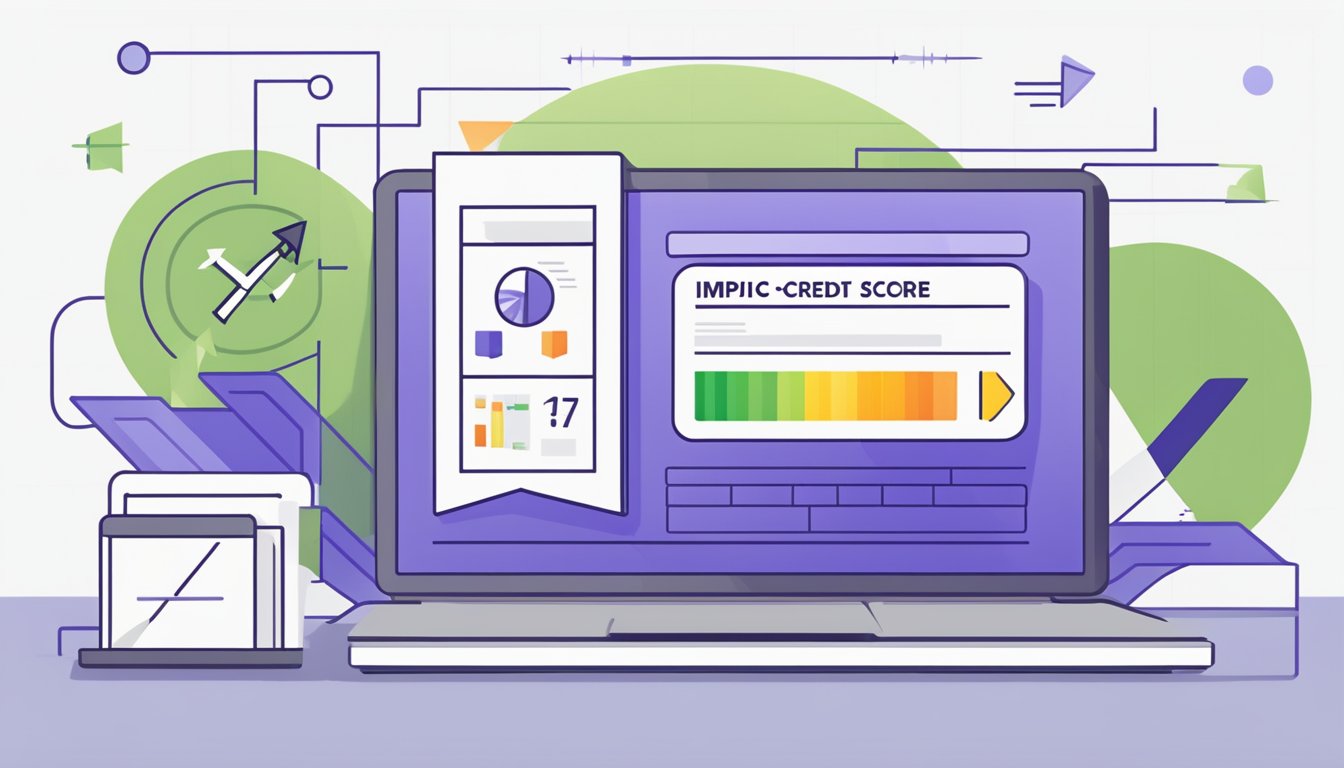 A computer screen shows a credit score increasing. A graph trends upwards, while a checkmark appears next to the words "Improving Your Credit Score."