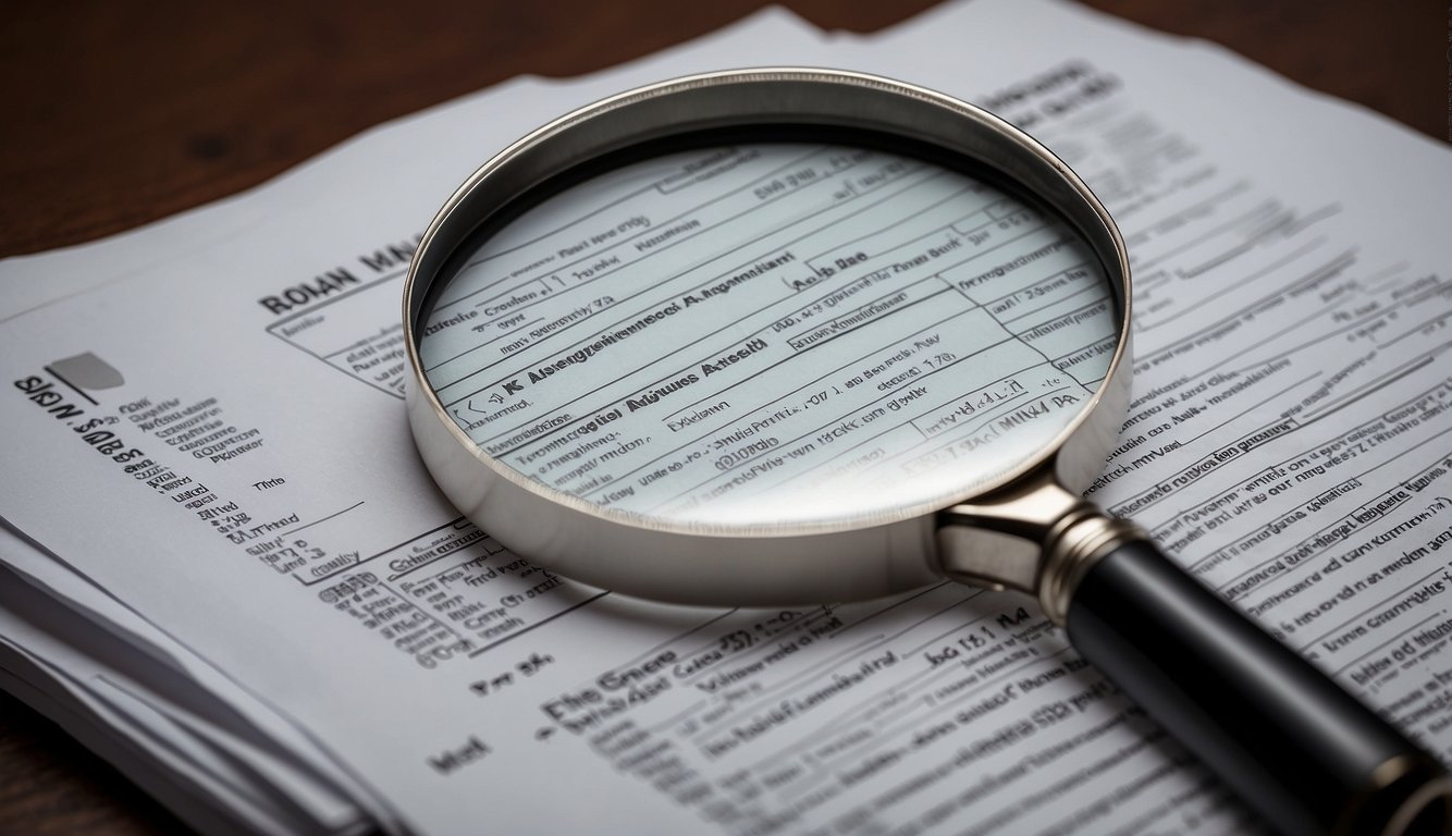 A stack of loan agreements with various interest rates sits on a desk. A magnifying glass hovers over the documents, highlighting the fine print