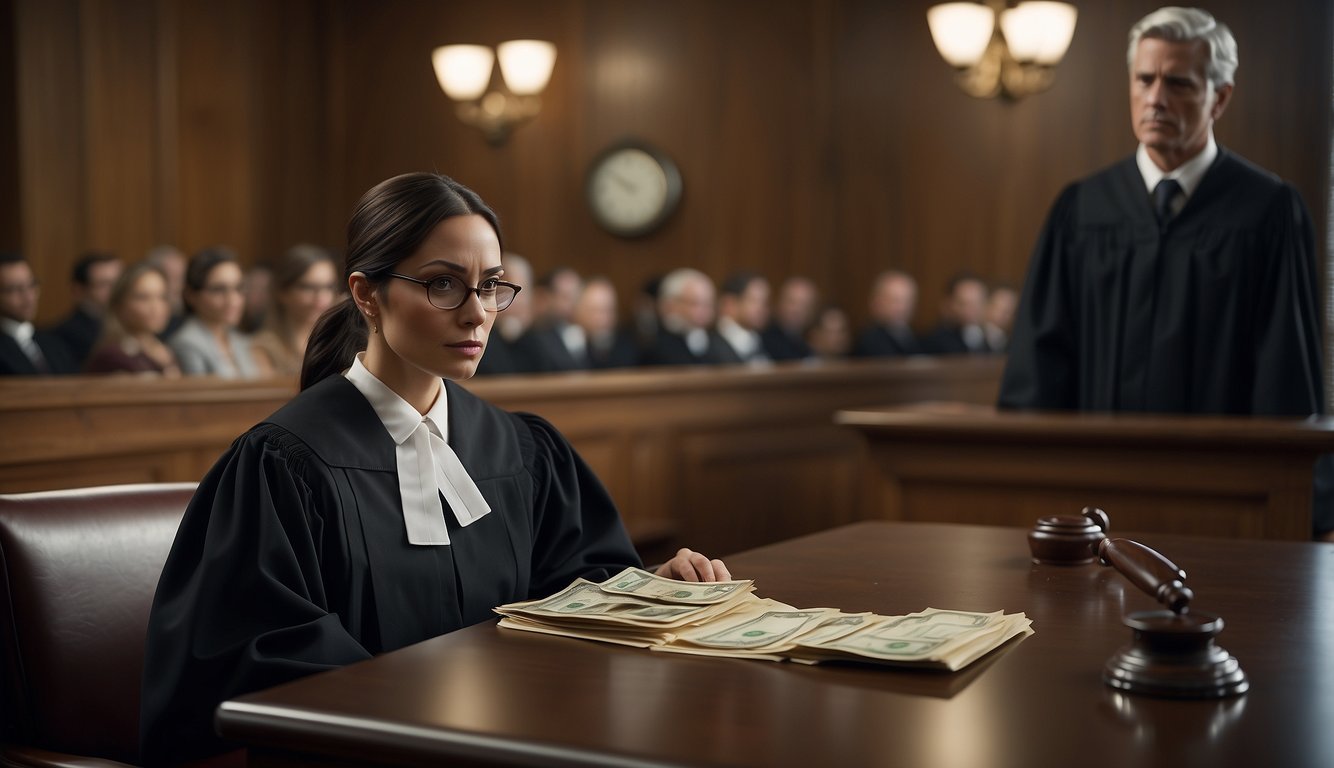 A courtroom with a judge presiding over a case involving a money lender. The defendant looks anxious while the plaintiff appears confident. Legal documents and evidence are scattered on the table