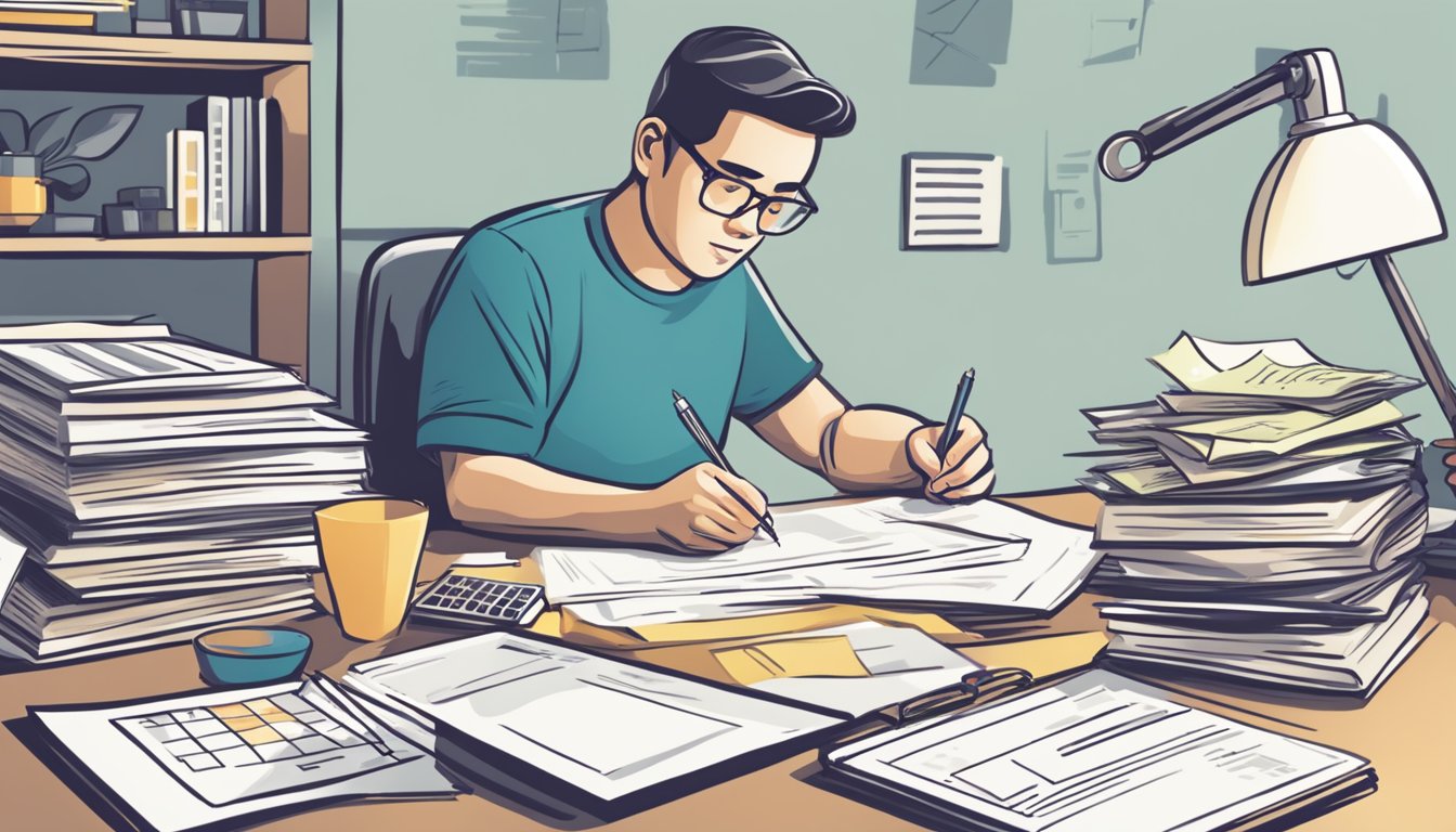 A person reviewing paperwork with a calculator and pen, surrounded by documents labeled "Repayment Options and Procedures" and "HDB Housing Loan Balance."