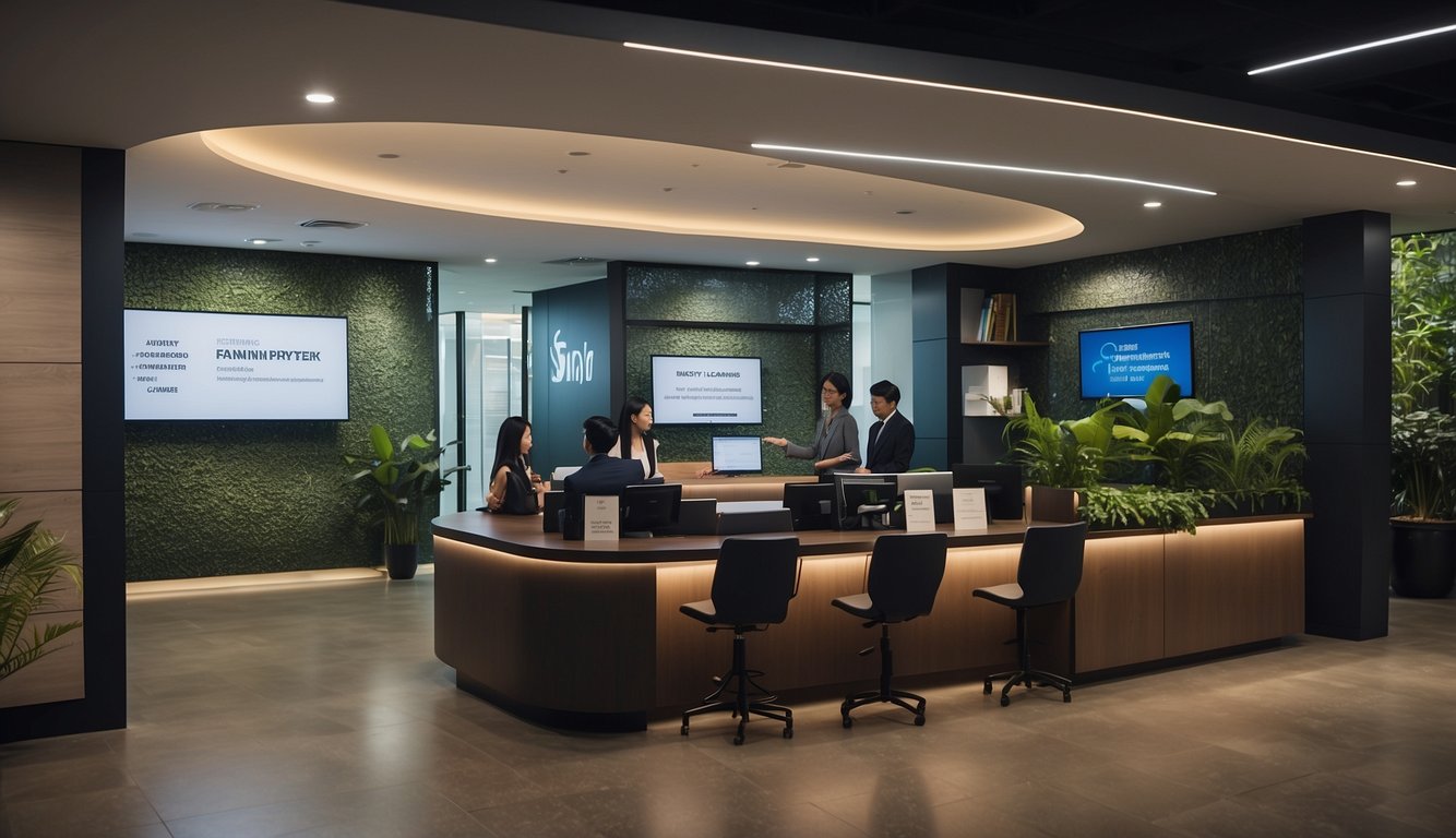 A modern, sleek money lending office in Singapore. A sign prominently displays "Money Lender Act: Debunking Myths and Misconceptions." Customers are seen discussing loans with staff