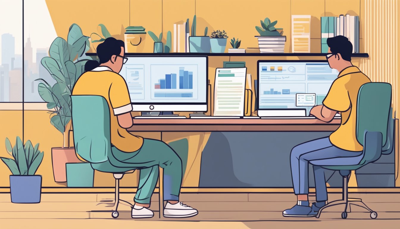 A person sitting at a desk, using a computer to check HDB housing loan balance, while another person waits in line for in-person assistance