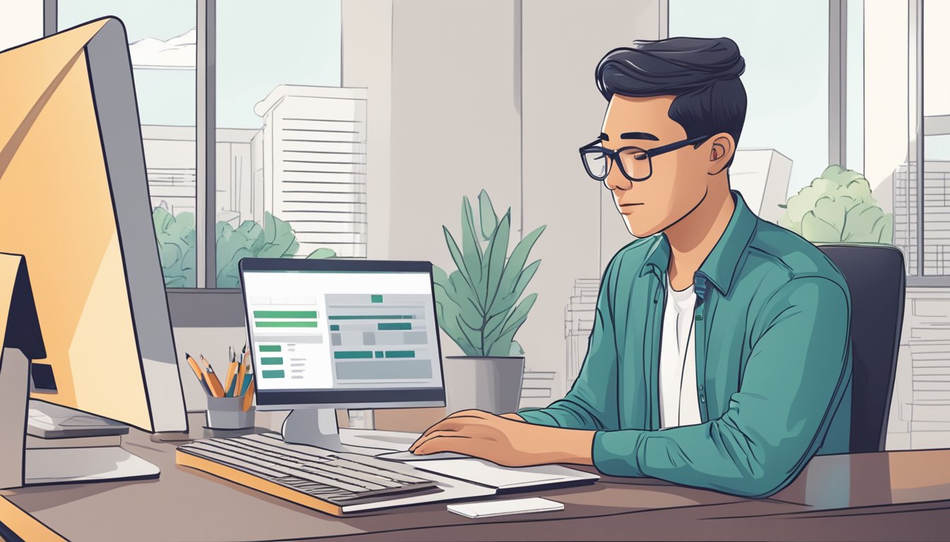 A person sitting at a desk with a computer, checking the HDB housing loan balance on a website