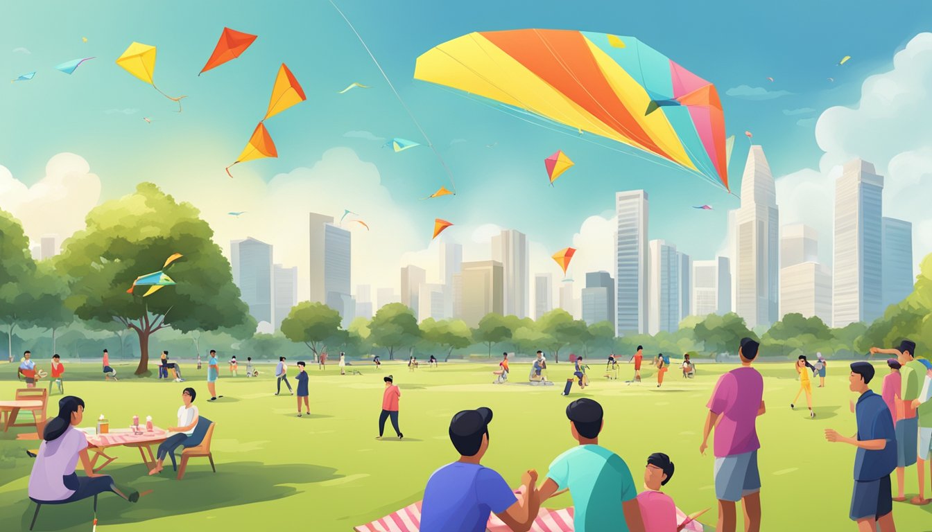 People enjoying a picnic in a public park, flying kites, and playing frisbee on a sunny day in Singapore