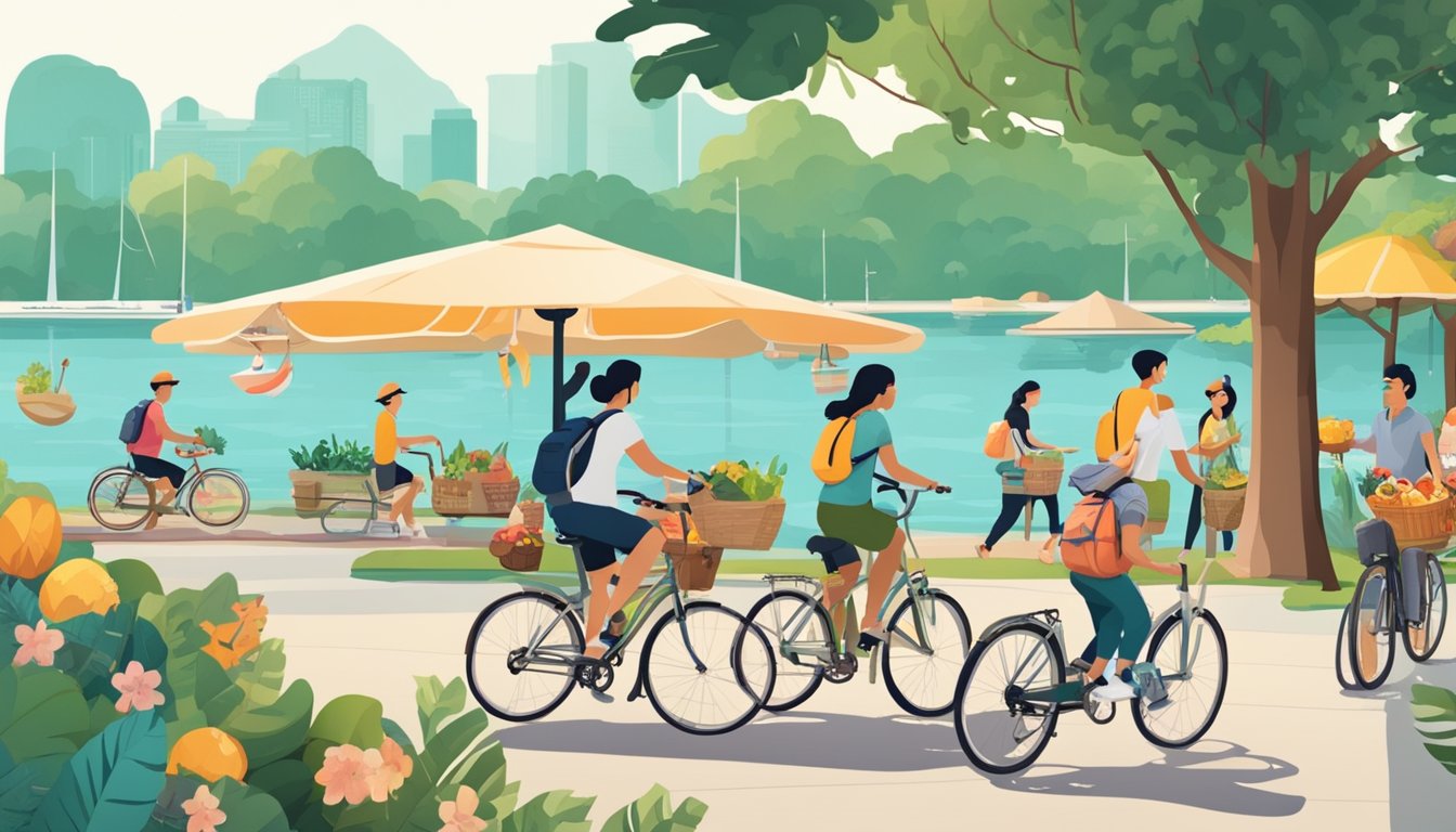 People enjoying budget-friendly outdoor activities in Singapore: biking through parks, picnicking by the beach, exploring nature reserves, and visiting local markets