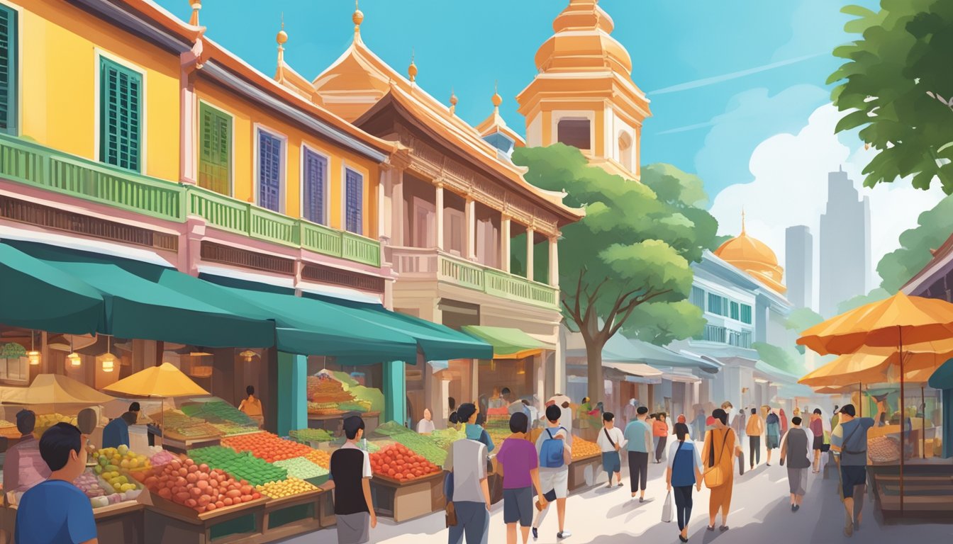 People exploring colorful temples, bustling street markets, and historic colonial buildings in Singapore