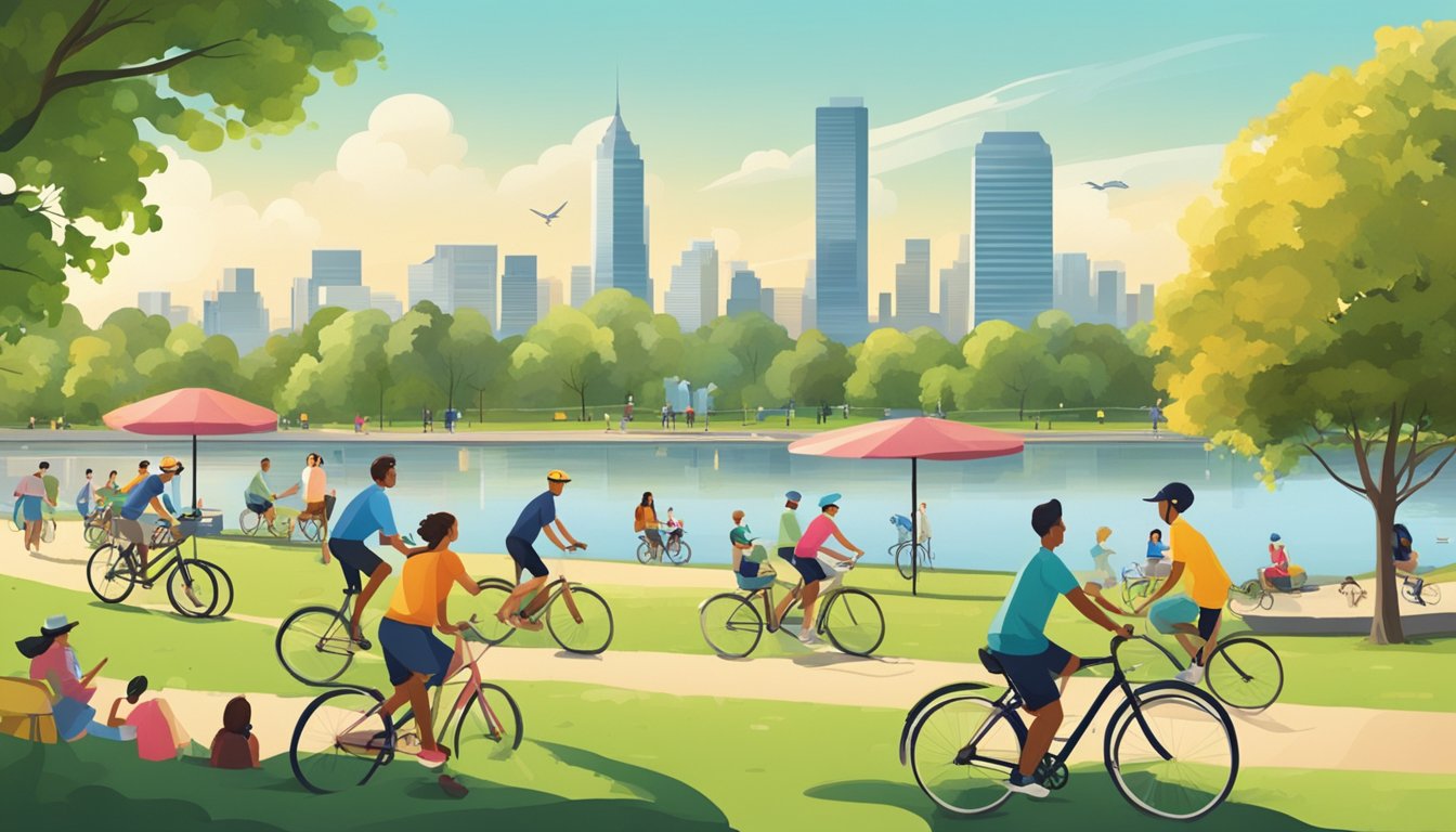 People enjoying picnics, cycling, and playing frisbee in a park with a skyline in the background