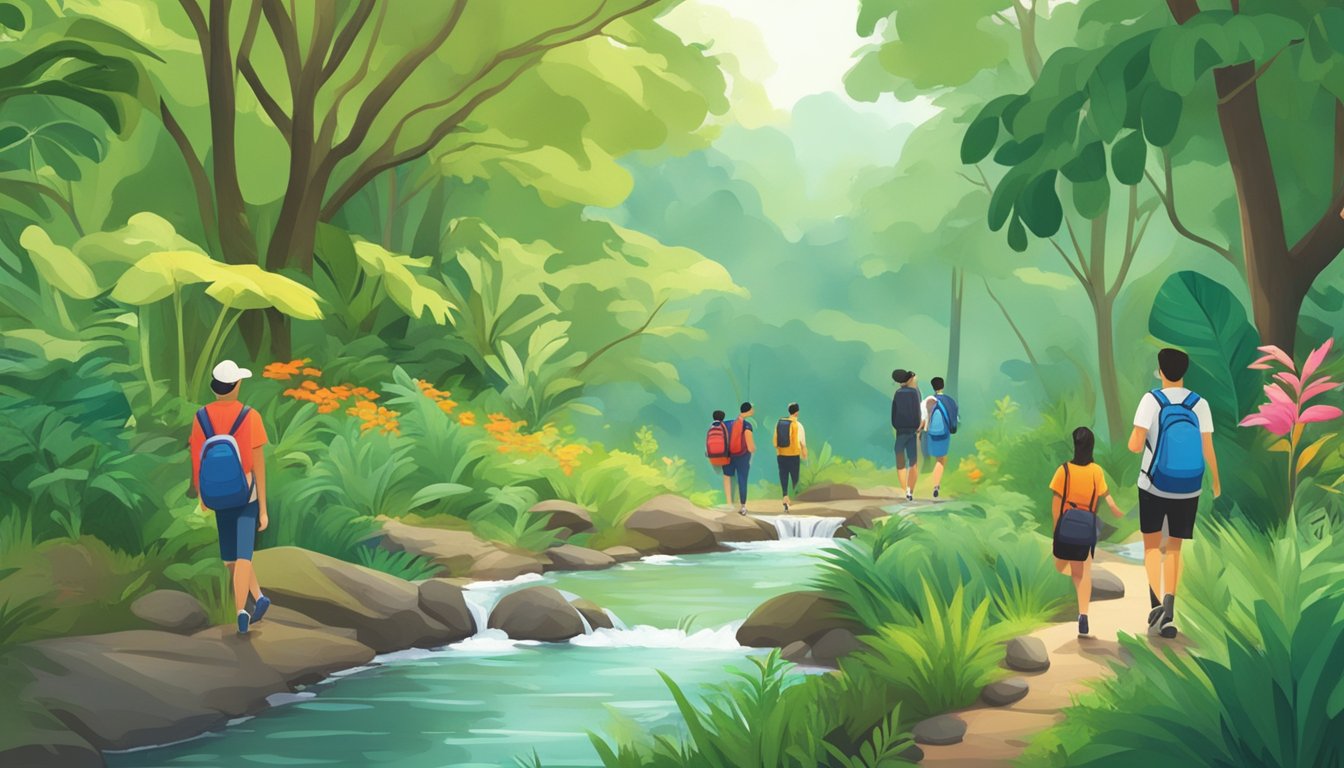 A group of people hike through lush greenery, crossing a peaceful stream and admiring colorful wildlife in a nature reserve in Singapore