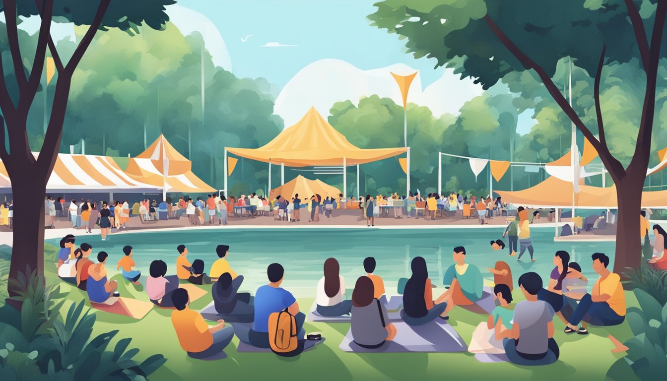 People enjoying free entertainment and activities in Singapore, such as outdoor movie screenings, cultural performances, and public park events