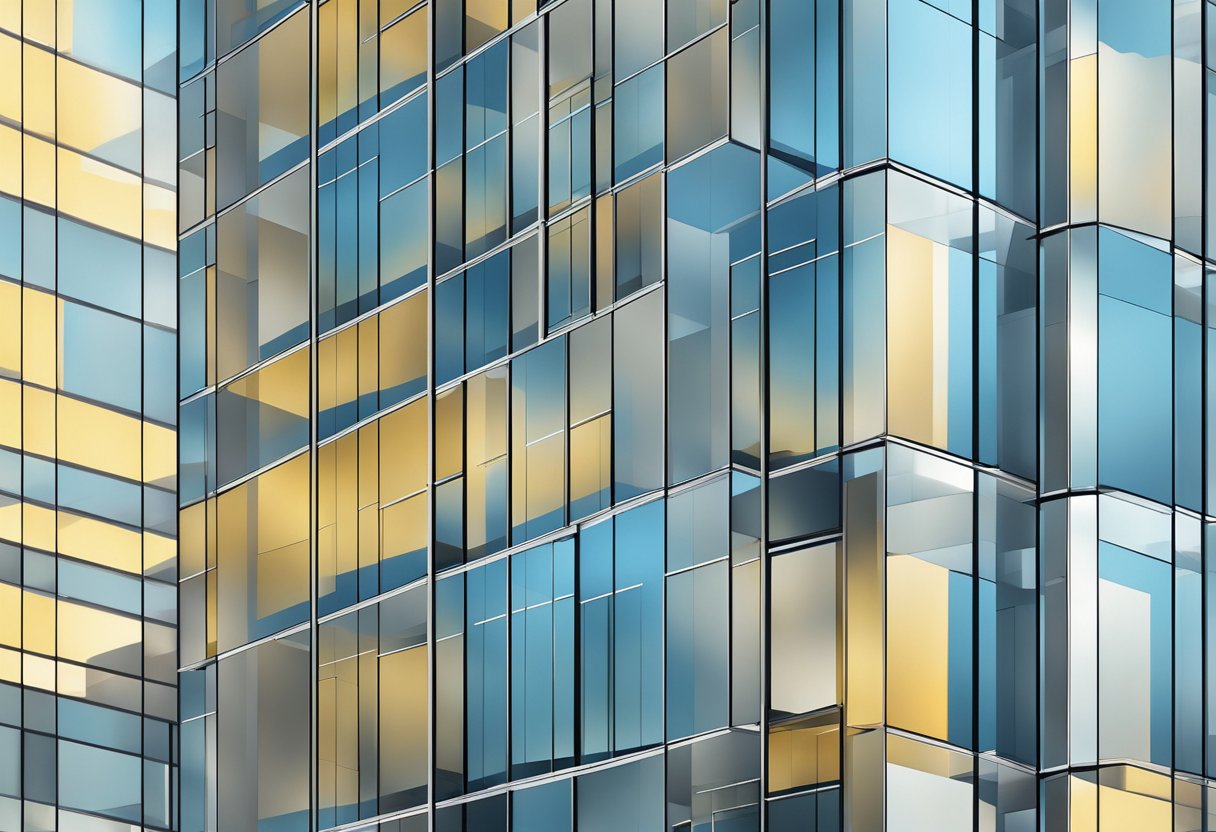 The aluminum curtain wall panel reflects the sunlight, creating a sleek and modern facade on the building