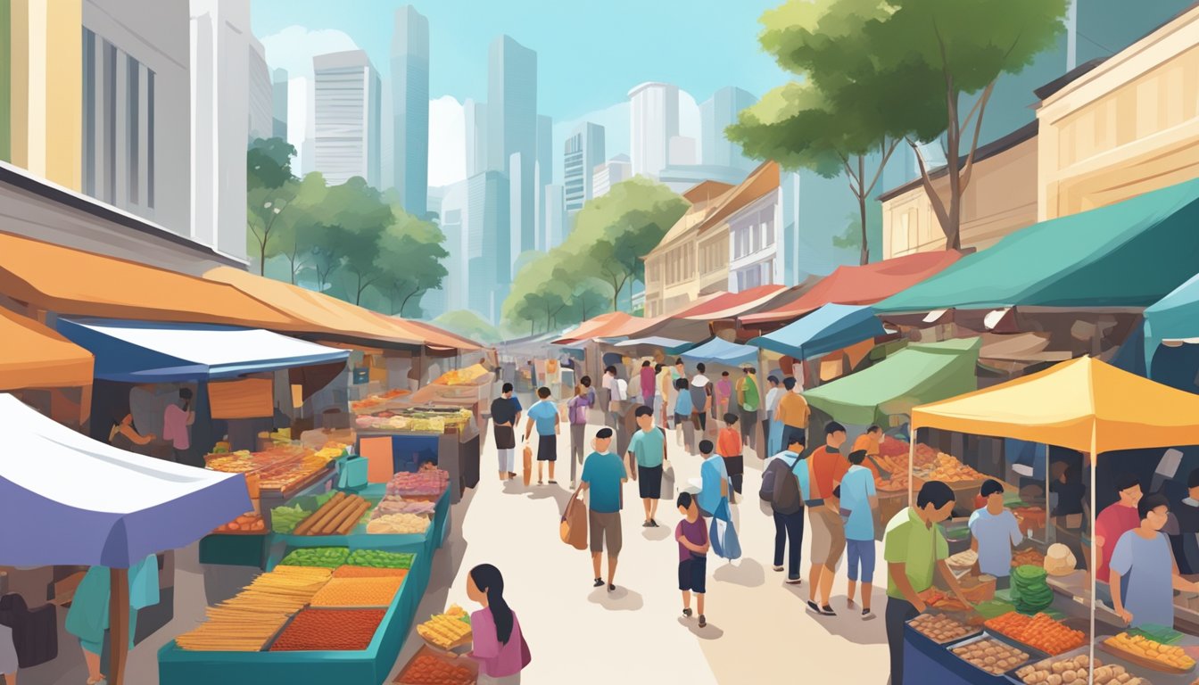 A bustling street market in Singapore, with colorful stalls and vendors selling affordable activities like street food, souvenirs, and cultural experiences