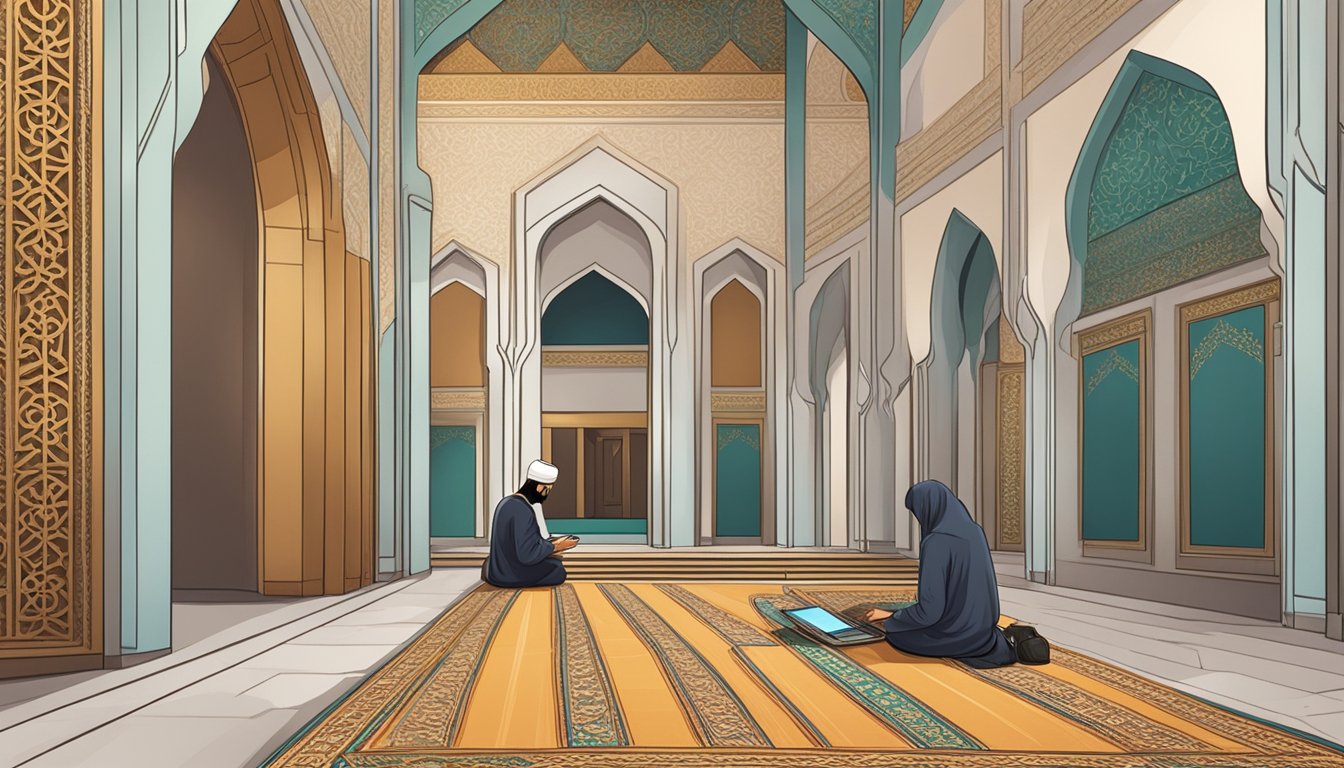 A person booking a mosque in Singapore using a computer or mobile device. The background shows the interior of a mosque with prayer mats and a mihrab