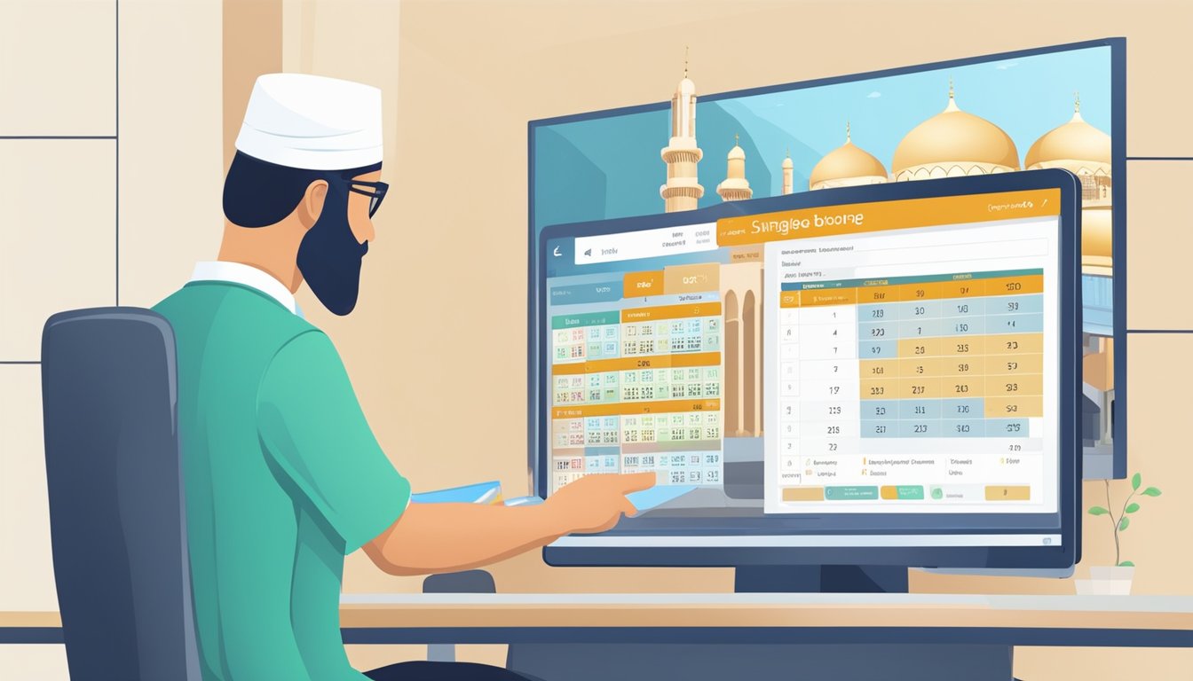 A person clicks "check mosque booking singapore" on a computer. A calendar with available dates pops up. The person selects a date and time for their visit