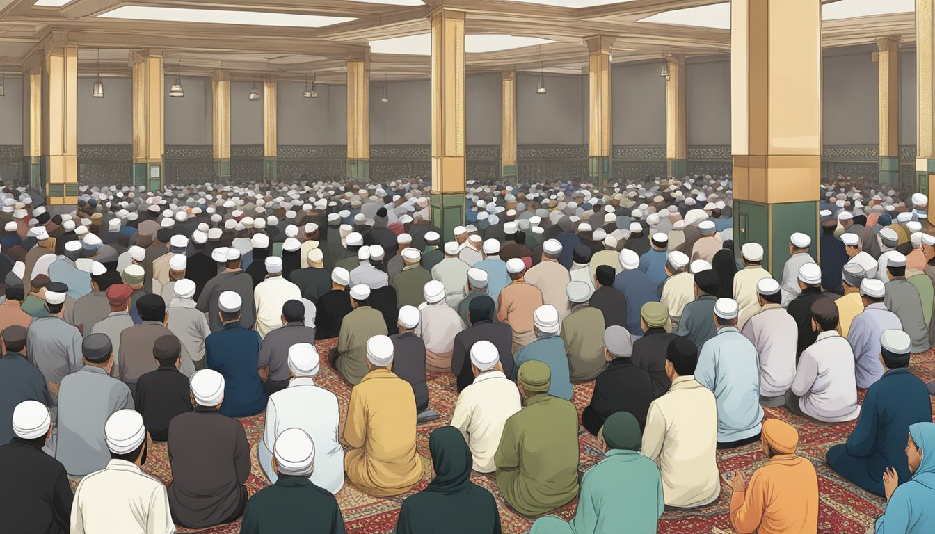 Worshipers gather in a mosque for Friday prayer sessions, checking their bookings in Singapore
