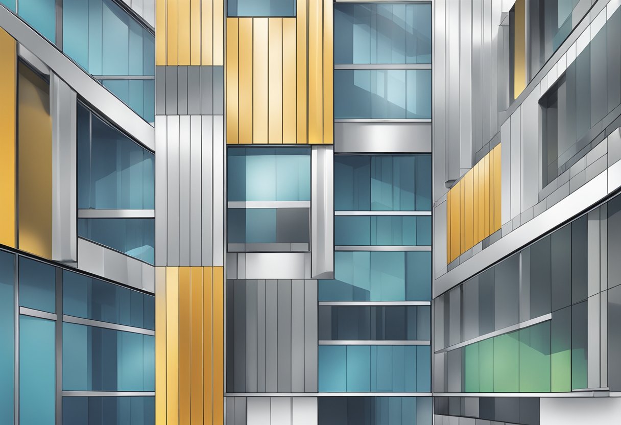 Aluminum panels overlap on a building's exterior. Each panel reflects light, creating a sleek, modern look