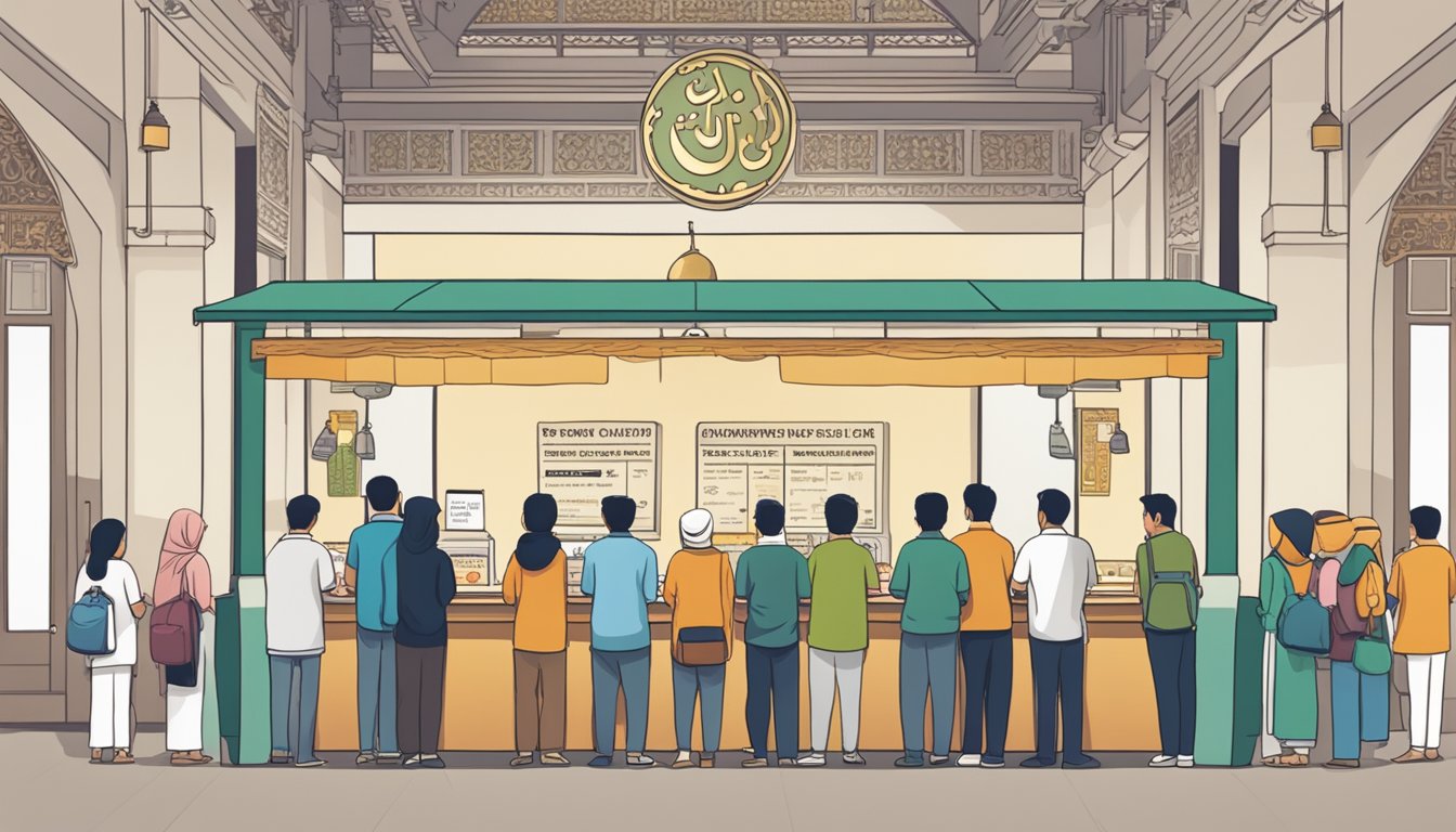 People lining up at a mosque booking counter in Singapore, with a sign displaying "Frequently Asked Questions" prominently