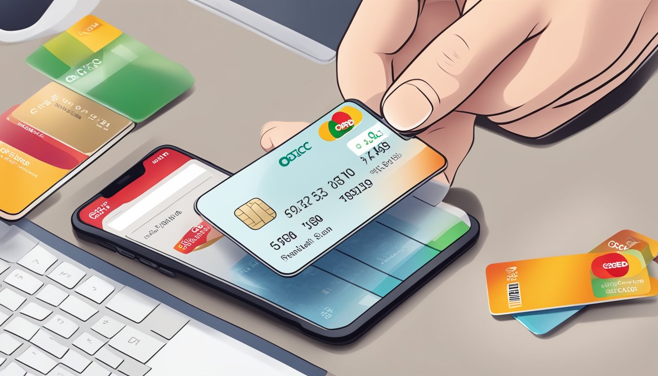 A hand holding an OCBC credit card with a smartphone displaying the OCBC credit card application status on the screen