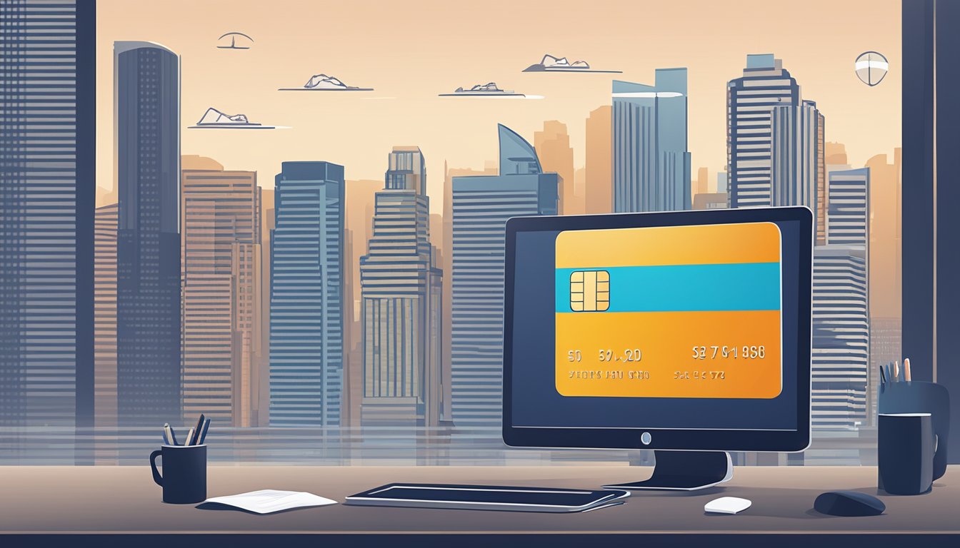 A computer screen displaying the UOB credit card application status with a Singaporean skyline in the background