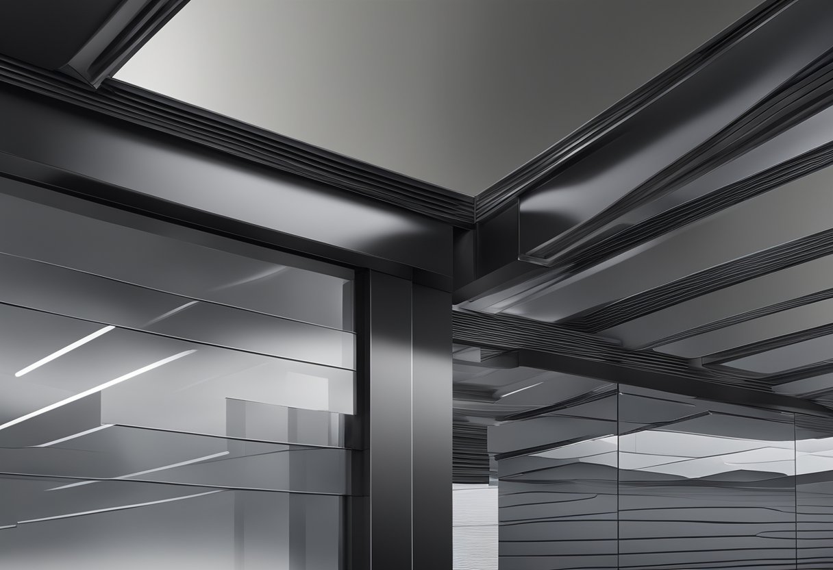 A close-up view of sleek black aluminum composite panels, reflecting light and creating a modern, industrial aesthetic