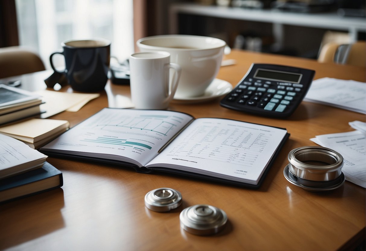 A table with scattered math equations, charts, and graphs, surrounded by books and a calculator