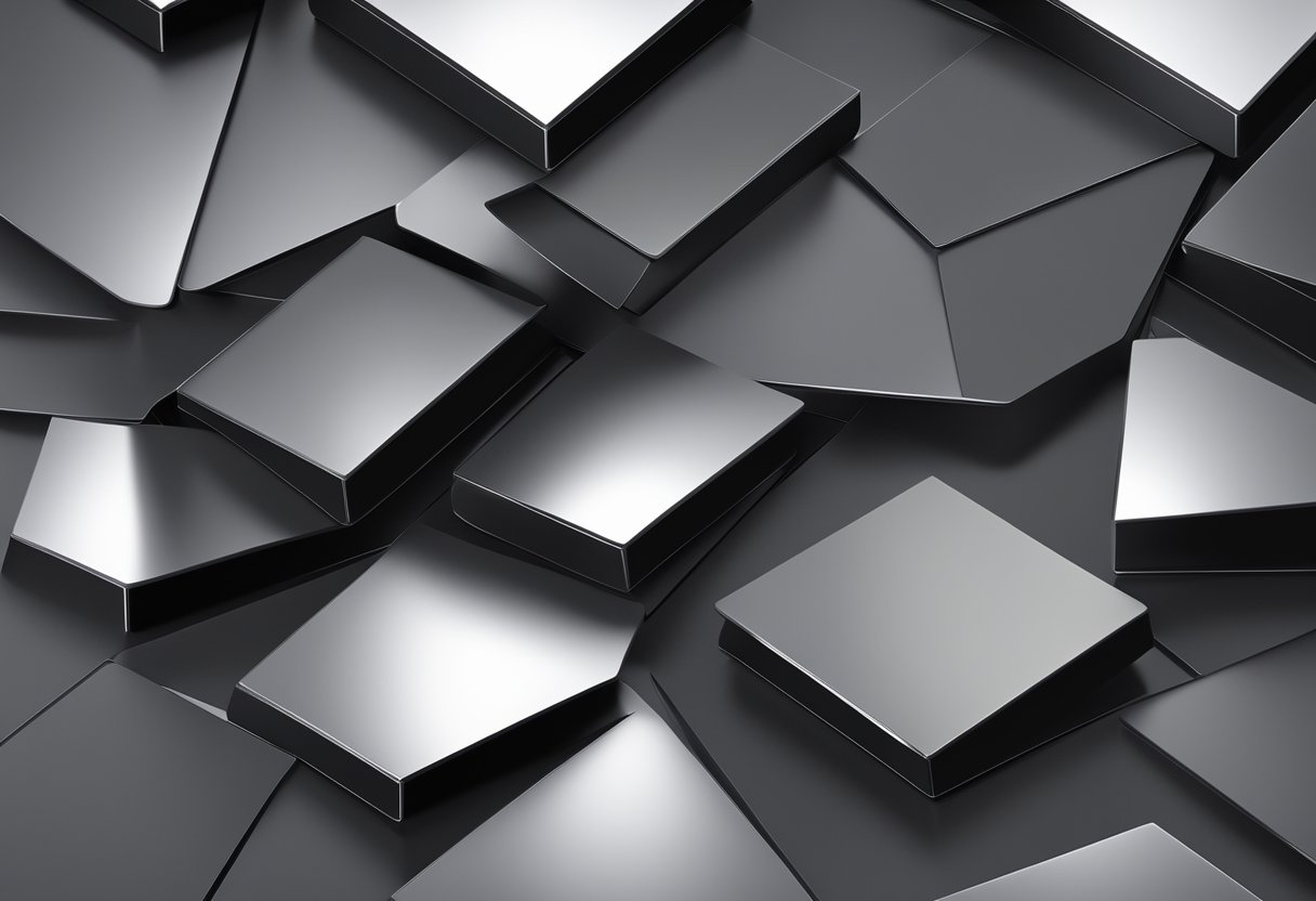 A black aluminum composite panel with distinct material properties, reflecting light and shadow in a dynamic composition