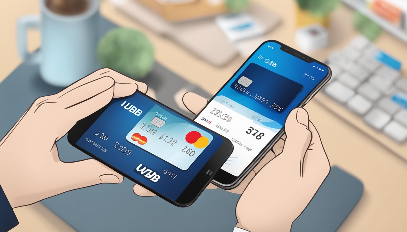 A hand holding a UOB credit card, with a smartphone displaying the UOB credit card application status in the background