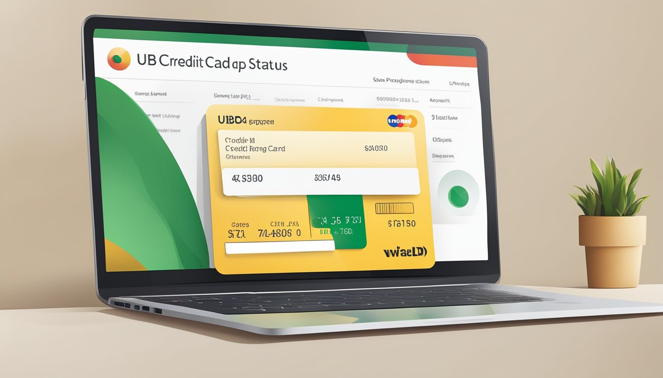 A computer screen displaying the UOB credit card application status webpage with a progress bar and status message