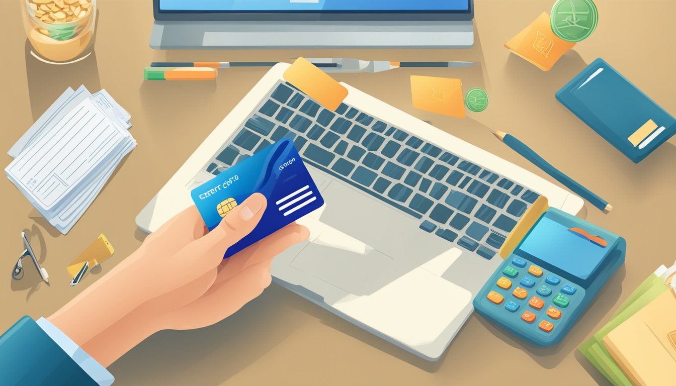 A hand holding a credit card with a "Approved" stamp, surrounded by a computer and paperwork