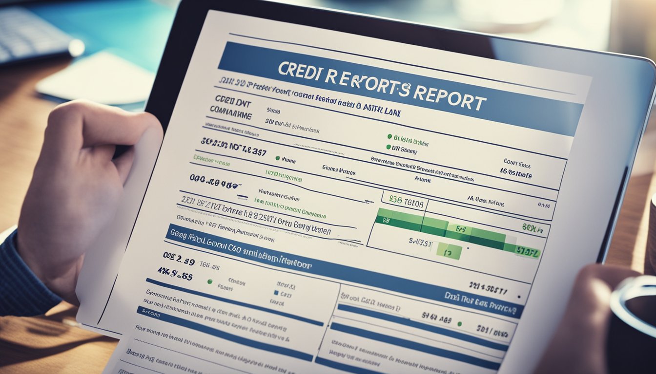A credit report with personal loan info, surrounded by factors like income, debt, and payment history
