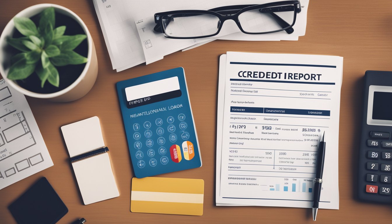 A credit report with personal loan data, surrounded by financial products like credit cards and mortgages, illustrating their impact