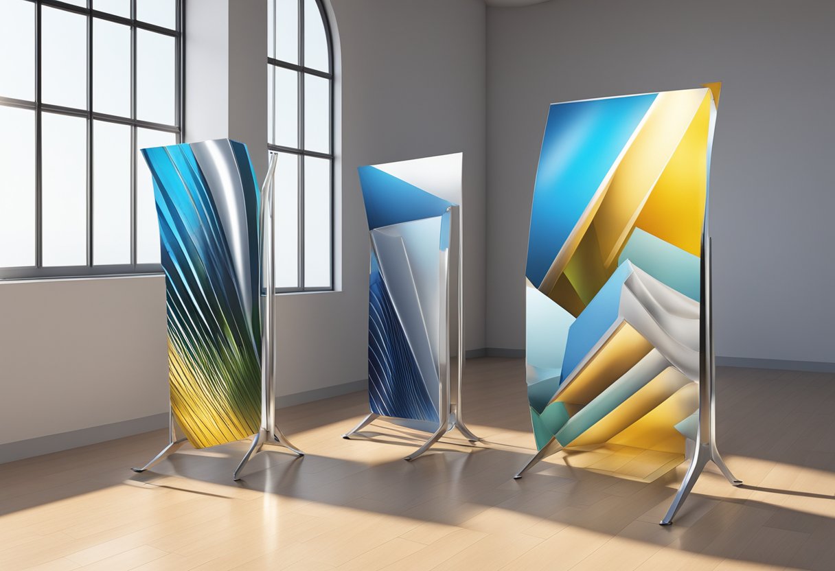 A 5x10 aluminum composite panel stands upright, reflecting light and casting shadows