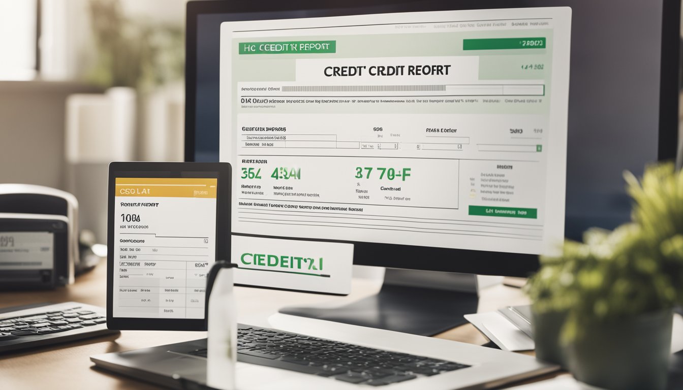A credit report with a personal loan listed, surrounded by financial documents and a computer screen showing credit scores