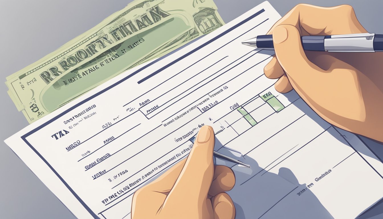 A hand holding a cheque with "IRAS" and "Property Tax" written on it, with a pen ready to sign. The cheque is placed on a desk with a form and guidelines for cheque payment to IRAS