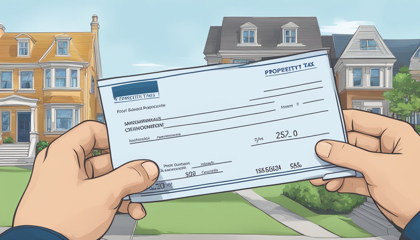 A hand holding a cheque made out to IRAS for property tax, with different types of properties (e.g. house, apartment, commercial building) in the background