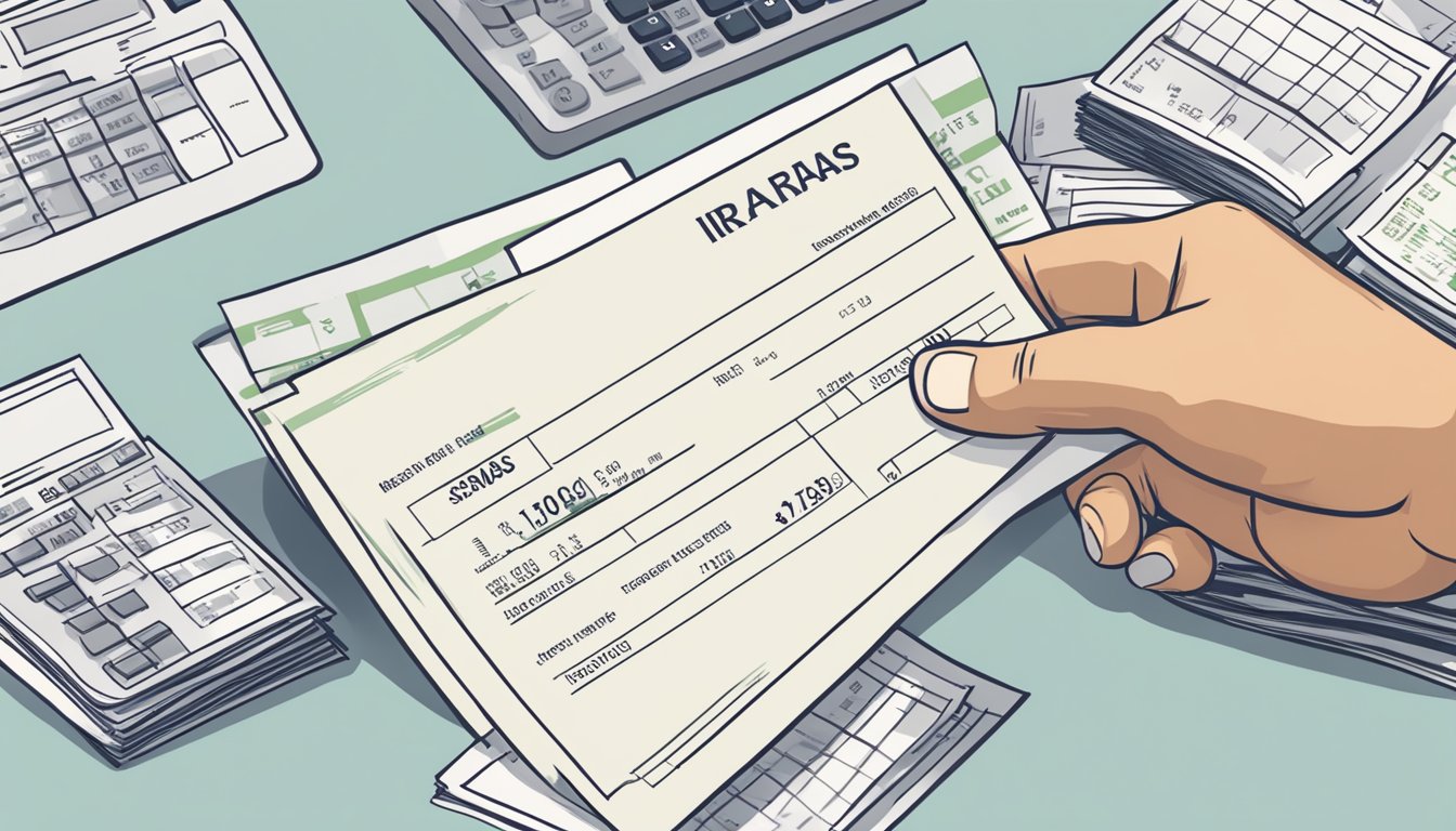 A hand holding a cheque with "IRAS" written on it, next to a property tax bill and a receipt for payment