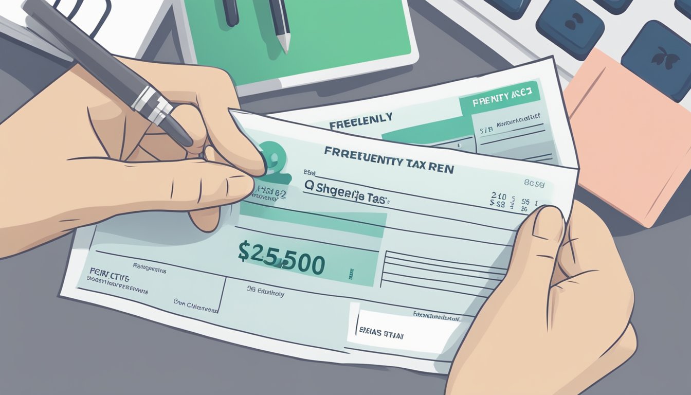 A hand holding a cheque made out to IRAS for property tax in Singapore, with "Frequently Asked Questions" visible in the background