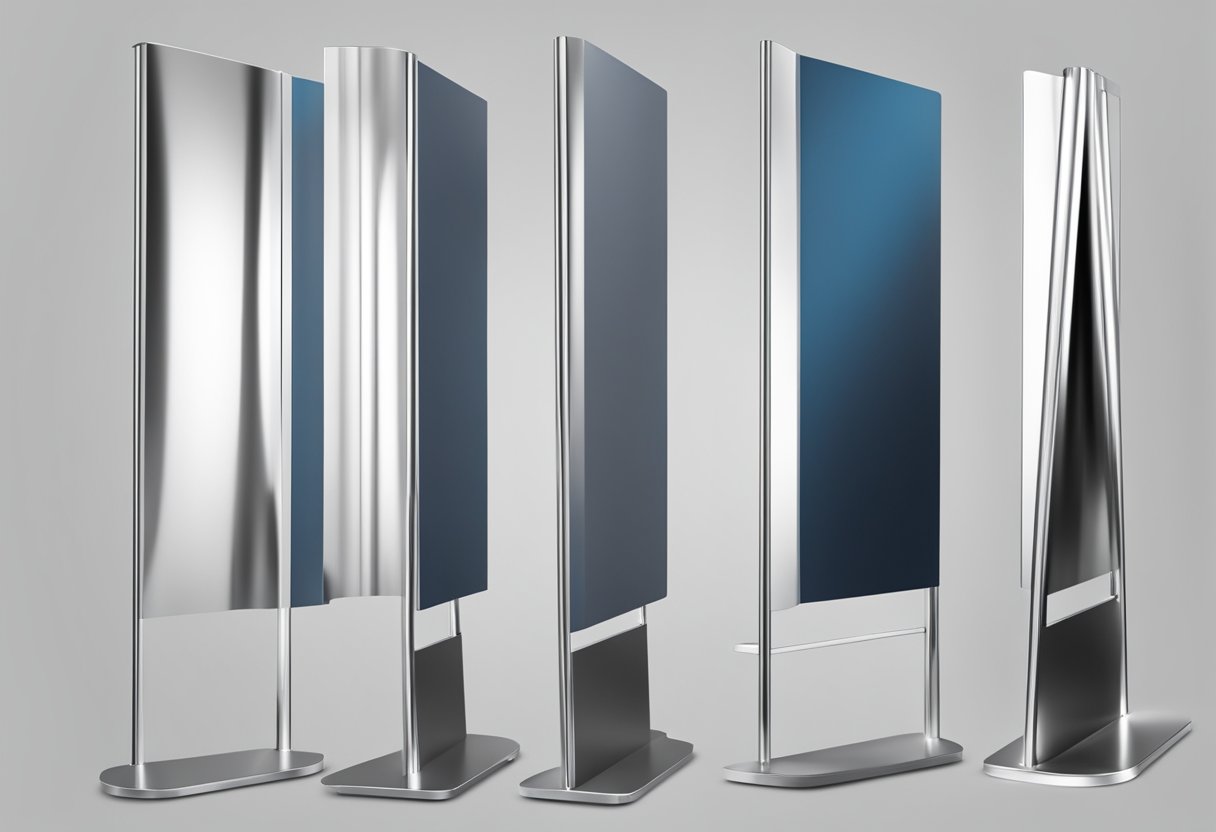 A 4x8 aluminum composite panel stands upright, reflecting light with a smooth, metallic surface
